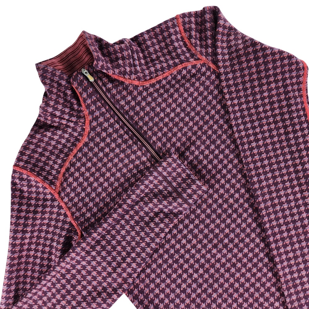 Smartwool 1/4 Zip Women S Burgundy Houndstooth 100% Merino Wool Base Layer